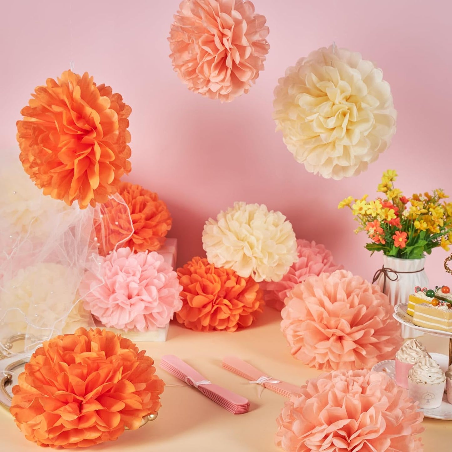 15Pcs Tissue Pom Poms Pink Orange Paper Flowers Hanging Decorations Orange Pink Flower Ball for Baby Shower Wedding Nursery Birthday Party Backdrop Home Outdoor