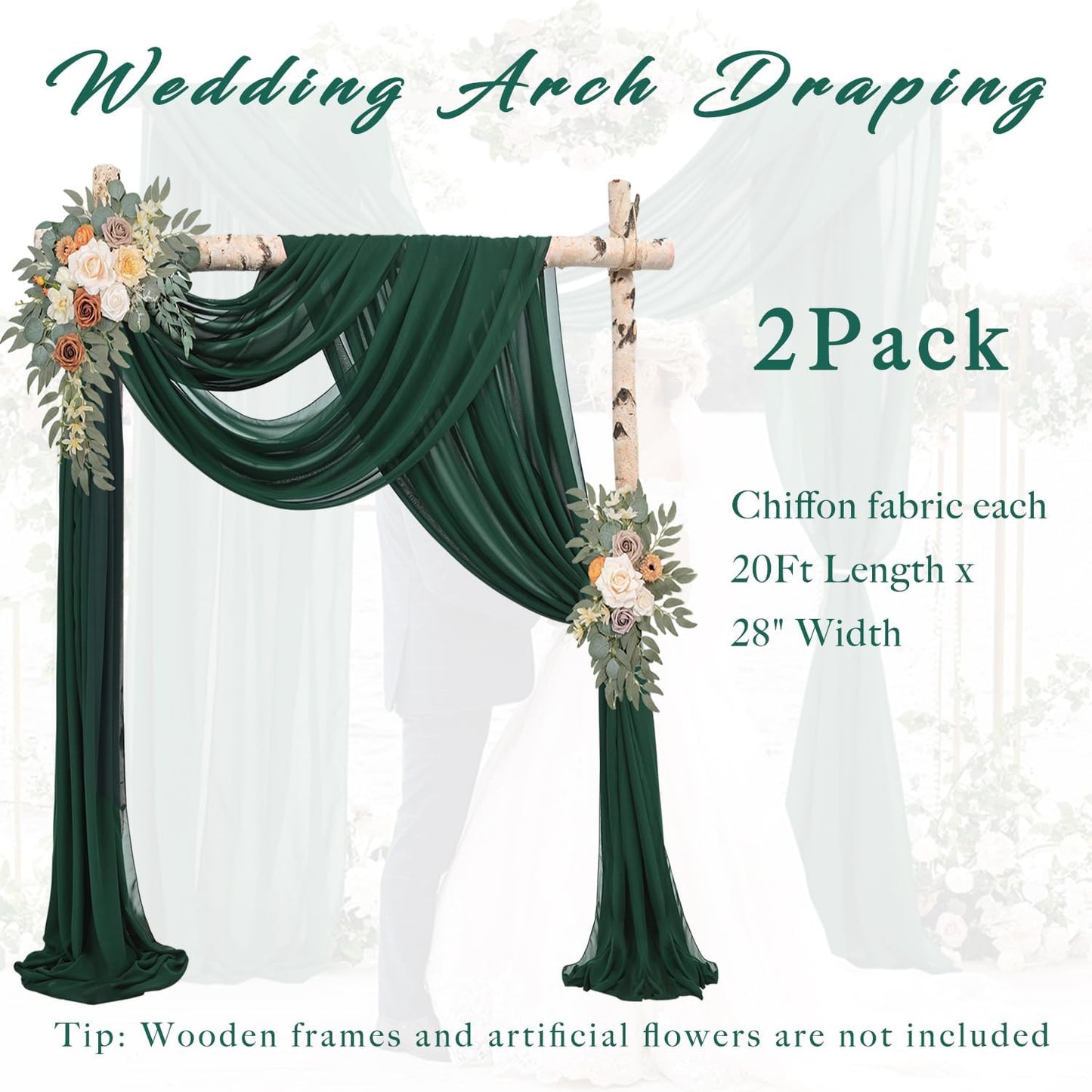 Emerald Green 2 Panels Wedding Arch Draping Fabric 20Ft Length x 28" Width Arch Drapes Chiffon Fabric Sheer Curtains Backdrop for Party Bridal Decorations Wedding Ceremony Stage Reception Decor