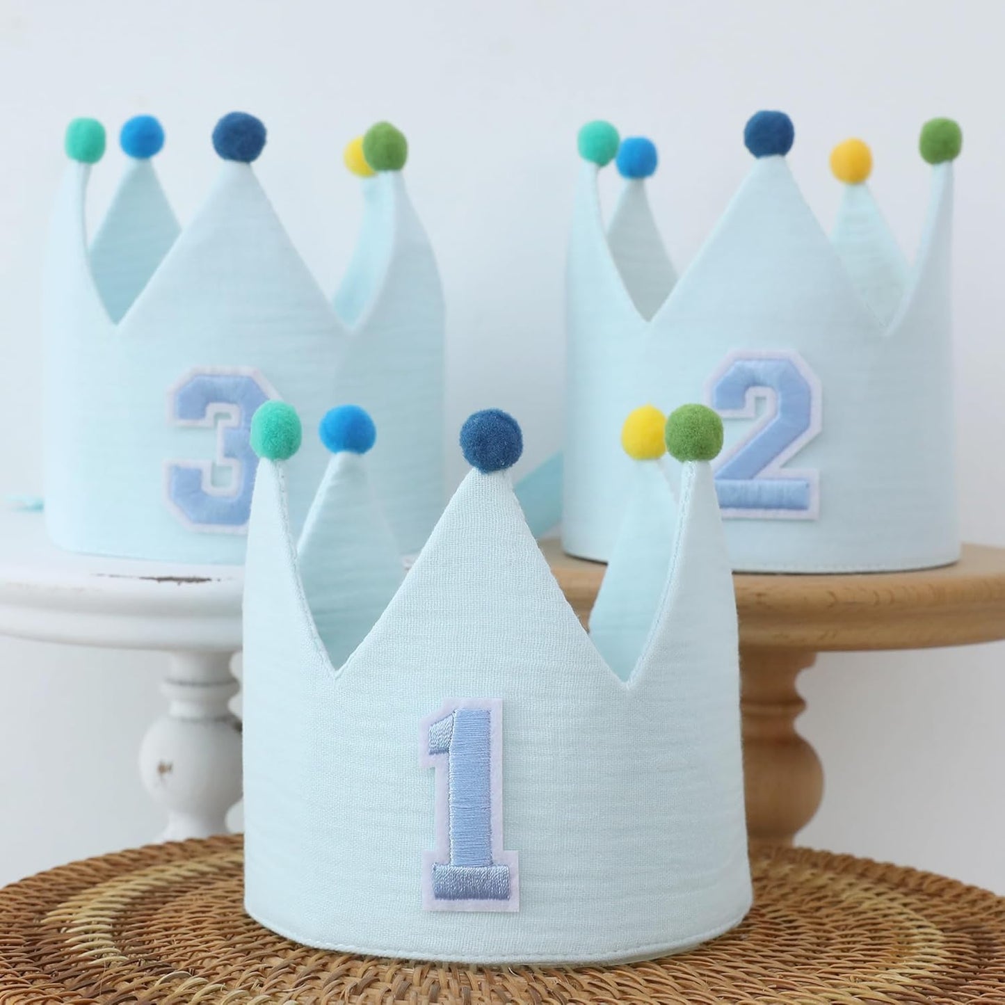 Muslin Crown Hat 1-3 Birthday For Baby Boy Girl Party Decoration Blue Pink Headband