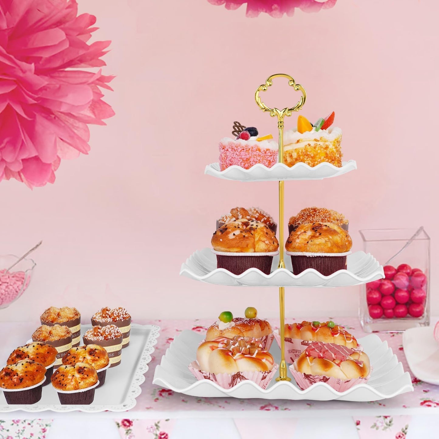 5 Pcs Dessert Table Display Set - 2 Pcs 3-Tier Dessert Display Stands & 3 Pcs Serving Tray