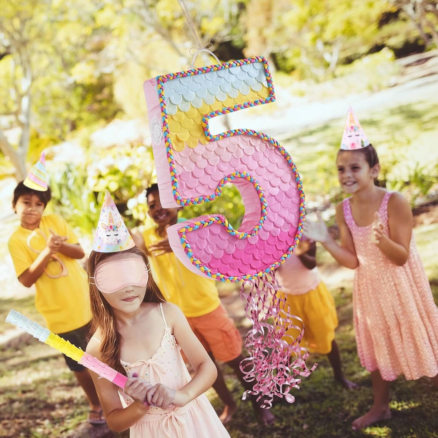 WERNNSAI Pink Sweet Five Pinata - Number 5 Pinata Happy Birthday Decoration Pink Rainbow Design Party Games for Girl Princess Baby Shower Party Favor with Blindfold Anniversary Celebration Supplies
