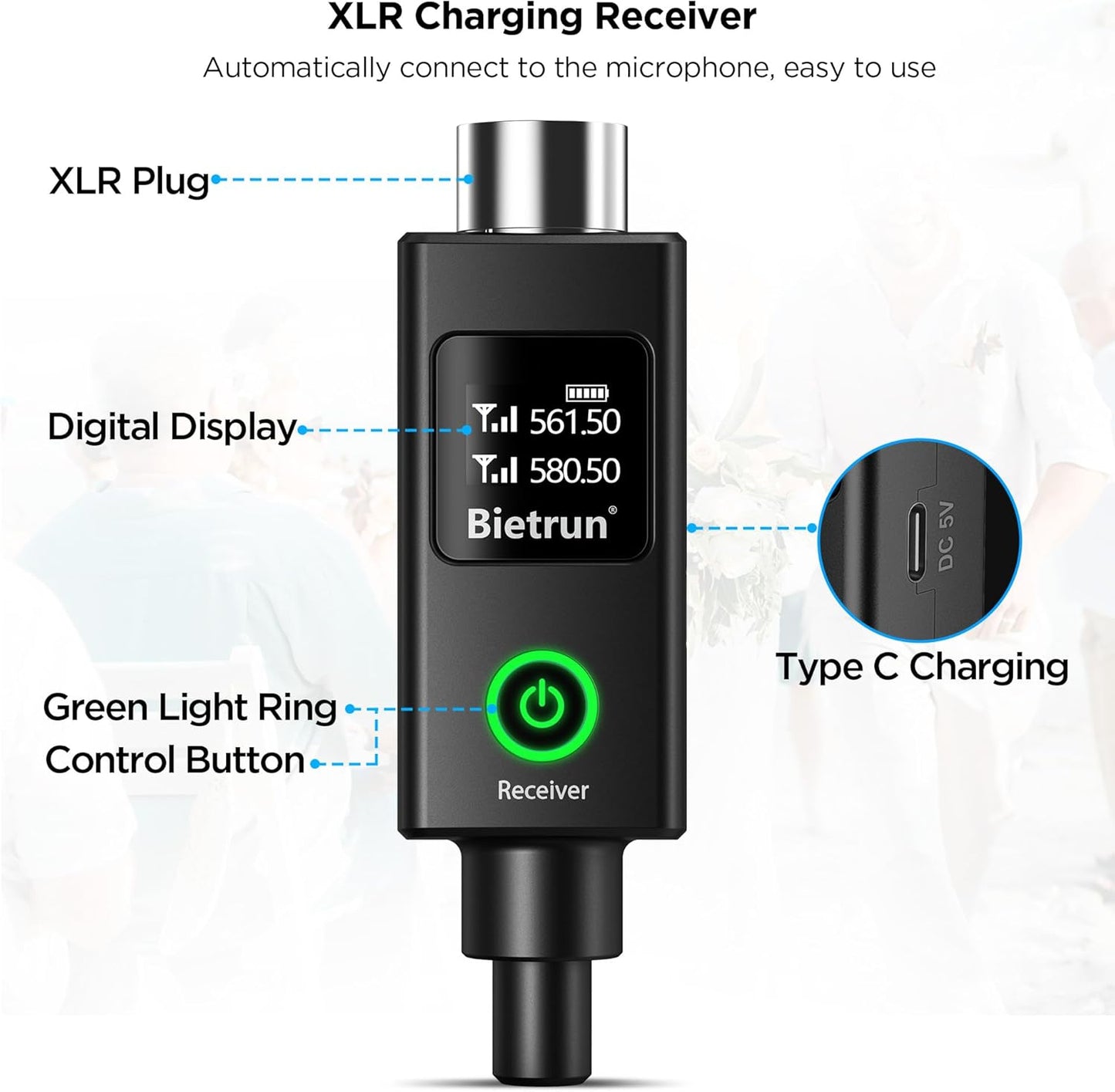 Bietrun XLR Wireless Microphone, UHF Dual Handheld Dynamic Metal Mic Set with Rechargeable Receiver, XLR to 1/4'' Adapter, for Karaoke, Church, Wedding, Party Singing(160 ft Range)(Auto Connect)