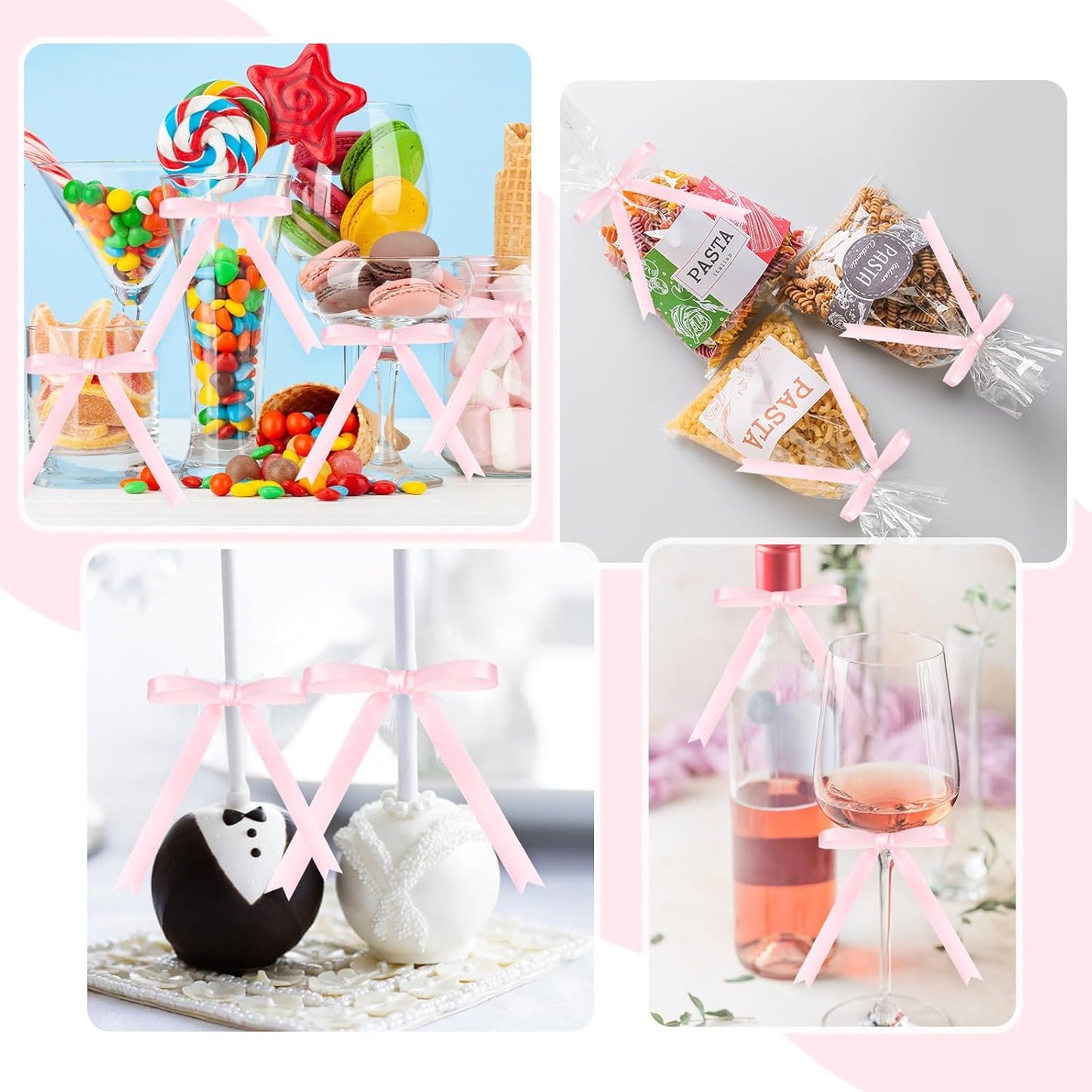 Riceshoot 50 Pcs Twist Tie Bows for Cake 3x4.5 Inch Satin Ribbon Bows for Gift Wrapping Treat Bags Craft DIY Wedding Baby Shower Birthday Party(Pink)