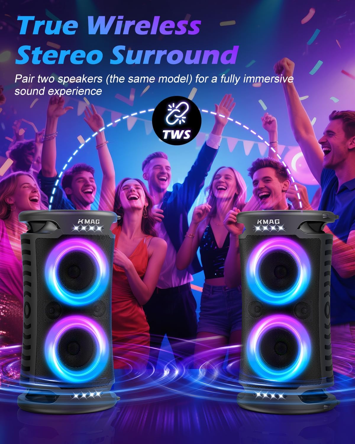 Large Bluetooth Speaker, 260W Peak Powerful Loud Sound with Deep Bass, 15Hr Playtime, Fast Charge, TWS, Cool Lights, Portable Outdoor Speaker Wireless for Party, Camping, Beach, Backyard, Home, Work