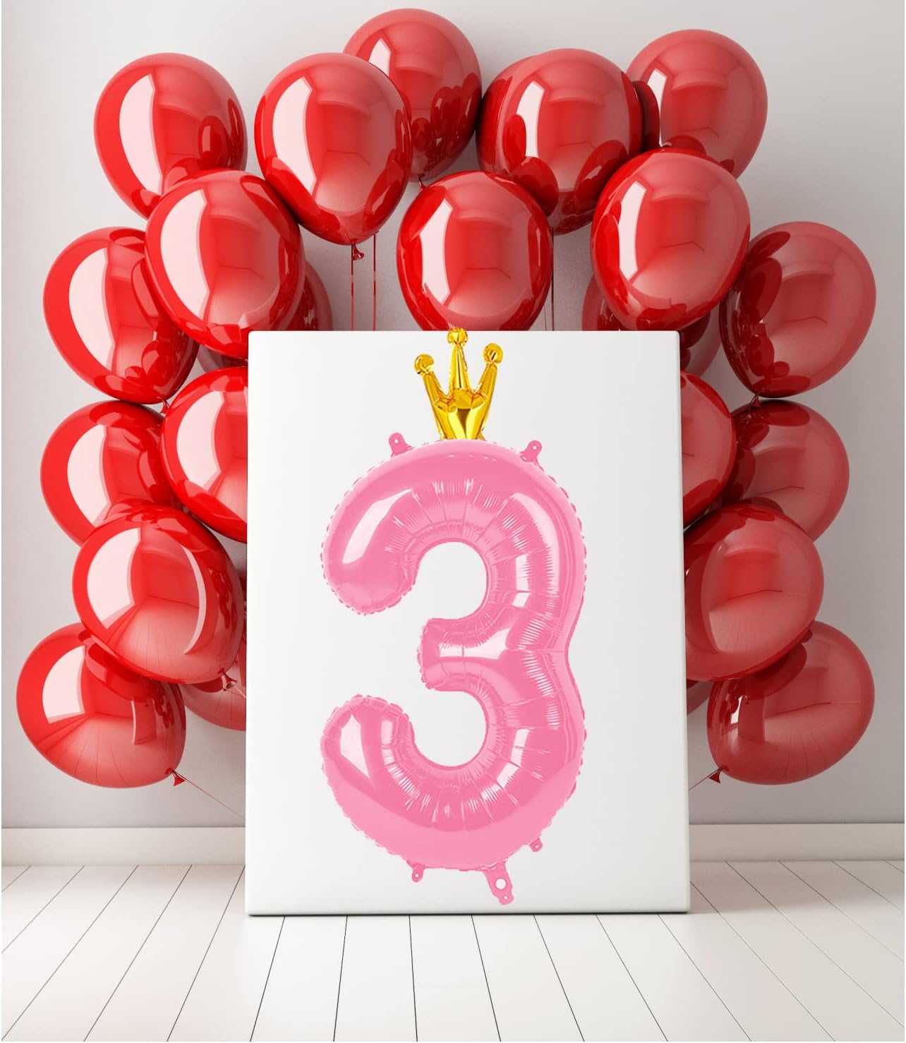 Pink 40 Inch Number Balloon (3) with Crown for Baby Shower, Big Size Foil Helium Balloon for Birthday Party, Wedding, Anniversary