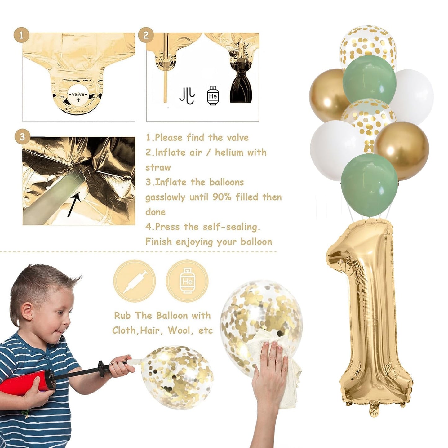 1st Birthday Decorations for Boys Girls, Sage Green White Gold Birthday Balloons with Happy 1st