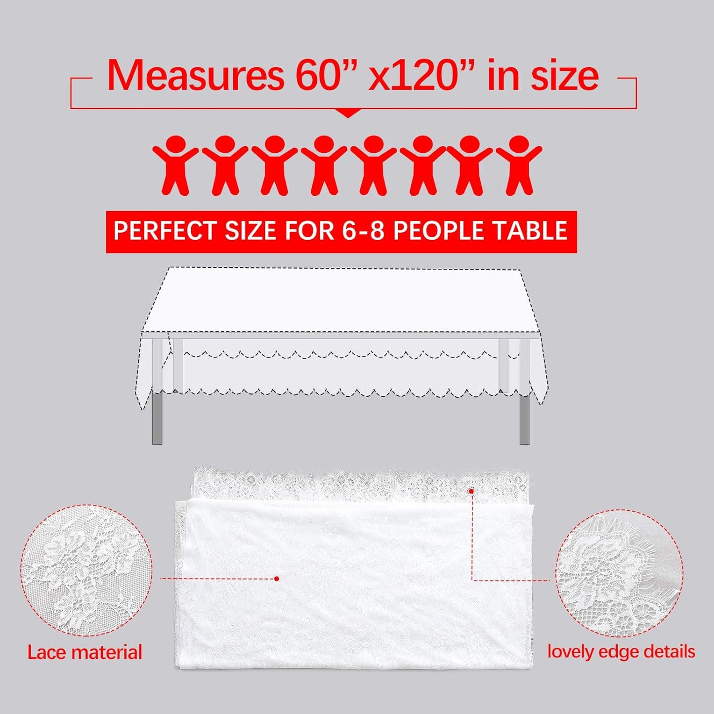 LuoluoHouse White Lace Tablecloth 6pcs Table Fabric 60x120 Inch for Rustic Boho Wedding Bridal Shower Party Decoration Rectangle Overlay Long Vintage Embroidered Reception Table Cloth Decor