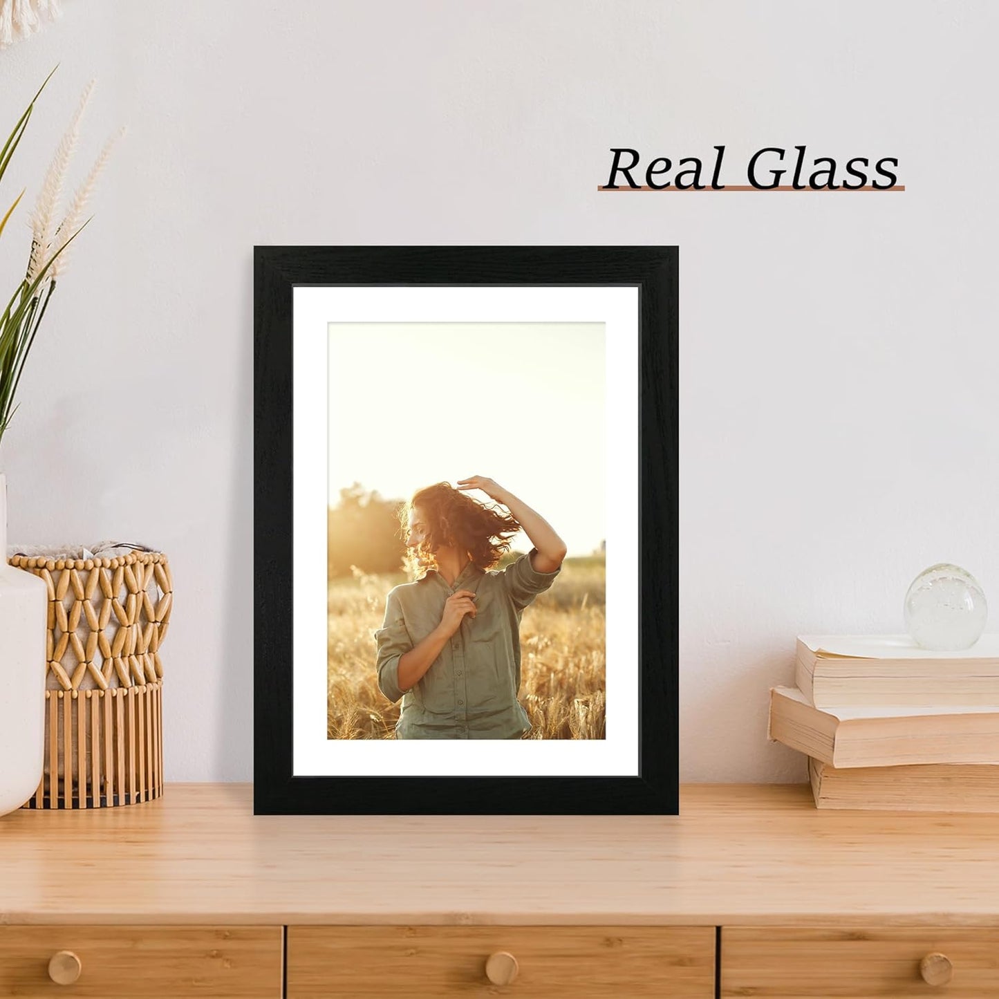 10x14 Picture Frame Set of 4 with Tempered Glass, Black Frame Display 8x12 Picture with Mat or 10 x 14 Without Mat, Rustic Wood Photo Frames for Horizontal or Vertical Wall Mounting