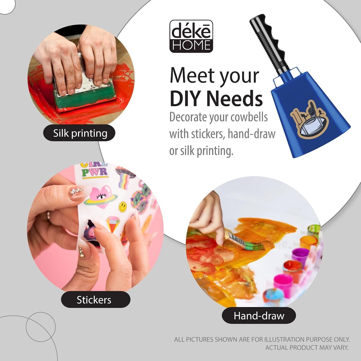 Deke Home - 2 Pack 10 Inch Steel Cowbells with Handle, Loud Noise Makers for Football, Sports, Parties, Competitions, School Spirit & Safety, Large Hand Bell for Cheering & Percussion Instrument