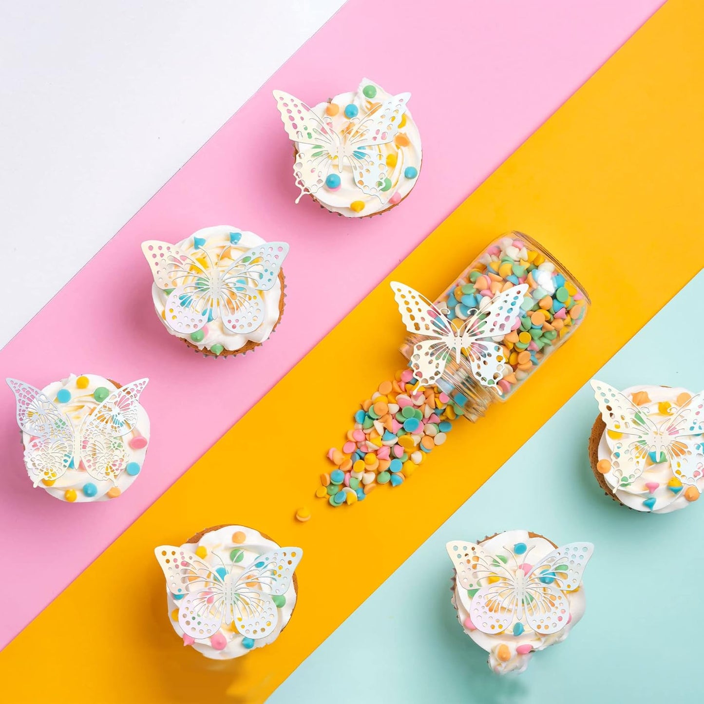 Gyufise 36 Pack Silver Laser 3D Butterfly Cupcake Toppers Hollow Cake Decorations for Birthday Wedding Fairy Party Wall Sticker Decal