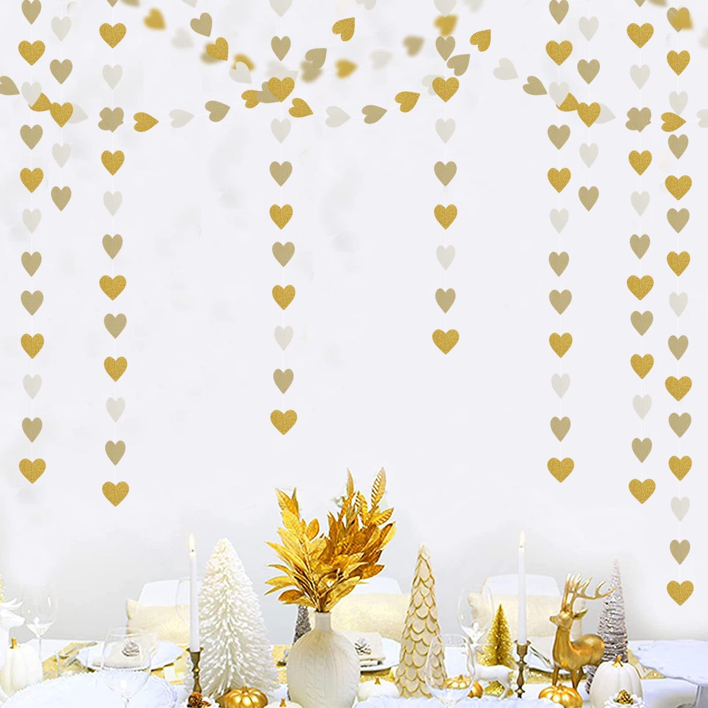 White-Gold Champagne Party-Decorations Heart Streamers Garland - 52Ft Christmas Wedding Engagement