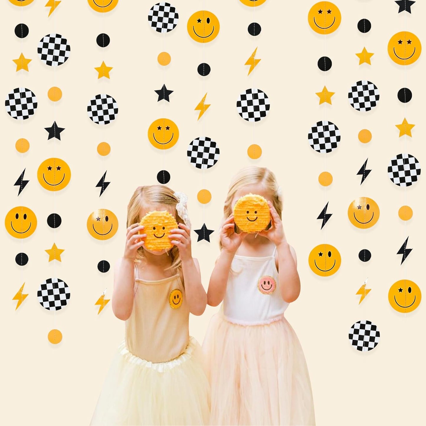 One Happy Dude 1st Birthday Decorations Black Yellow Smile Face Lightning Star Checkered Circle Dot Smiley Face Garland Streamer for Baby Shower First Birthday Wedding Hippie Party Decoration Supplies