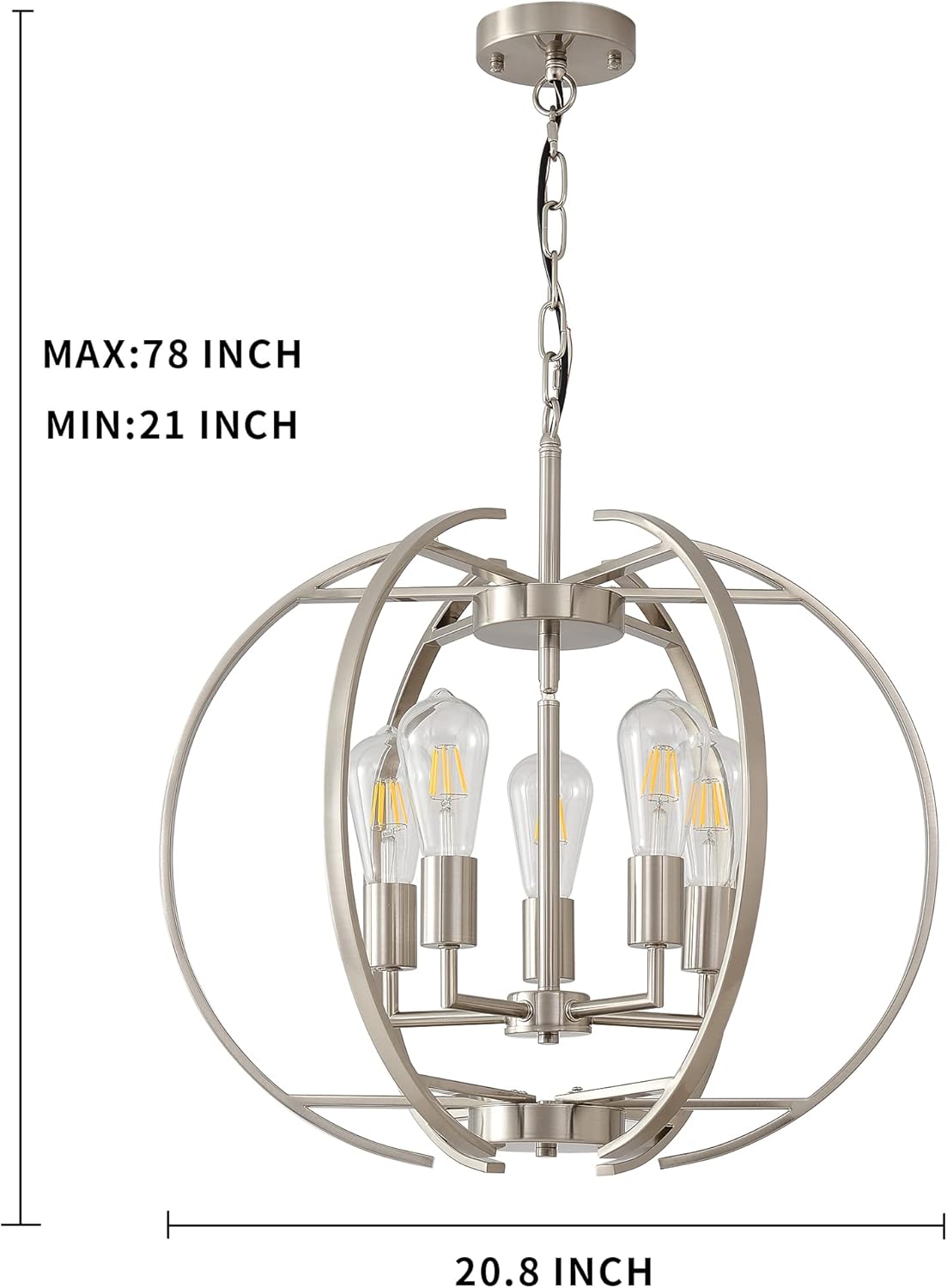 Large Lantern Globe Brushed Nickel Chandelier Lighting, Adjustable Hanging Ceiling Pendant 5 Light for Kitchen, Dining Room, Living Room, Hallway, Bedroom
