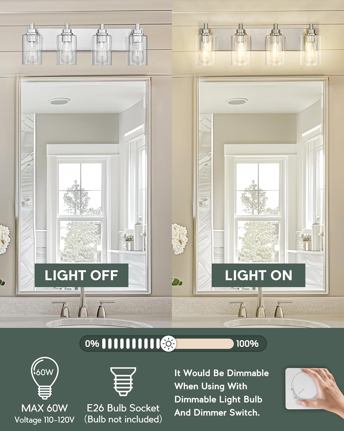 4-Light Bathroom Light Fixtures, Brushed Nickel Vanity Light with Cylinder Clear Glass Shade, Modern Vanity Lighting Fixtures Over Mirror, VL143-BN-4