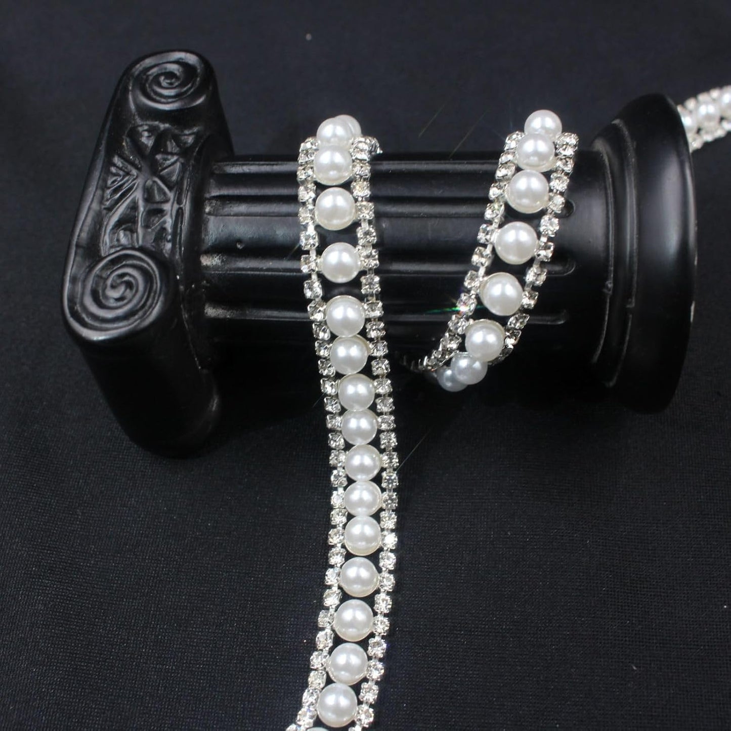 PEARLY JUN 1 Yard Pearl Rhinestone Trim Chain Silver Crystal Fringe Diamond Applique Ribbon String Tassel Strip (Silver-150, 2 Yards)