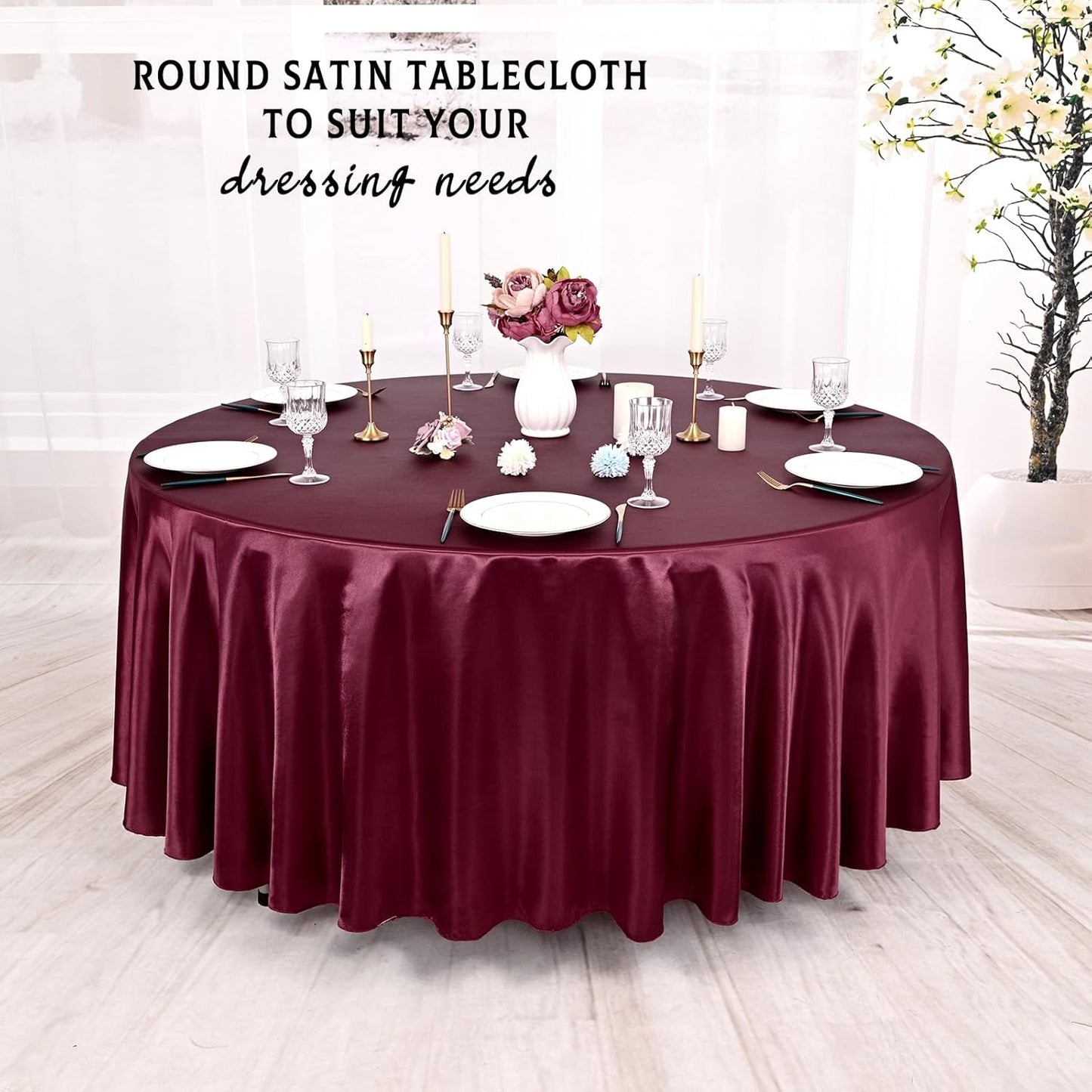 6 Packs Satin Tablecloth 120 Inch Burgundy Round Table Cloth Silk Tablecloth Smooth Fabric Overlay Satin Table Cover Decoration for Wedding Party Banquet Events