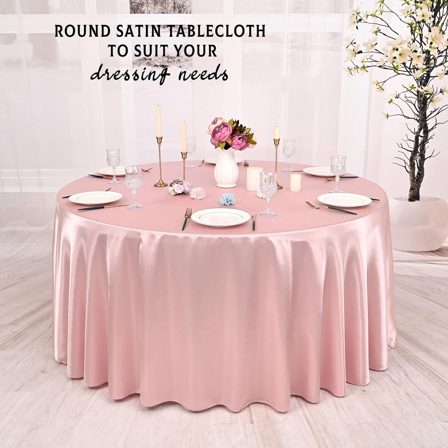 10 Packs Satin Tablecloth 120 Inch Rose Gold Round Table Cloth Silk Tablecloth Smooth Fabric Overlay Satin Table Cover Decoration for Wedding Party Banquet Events