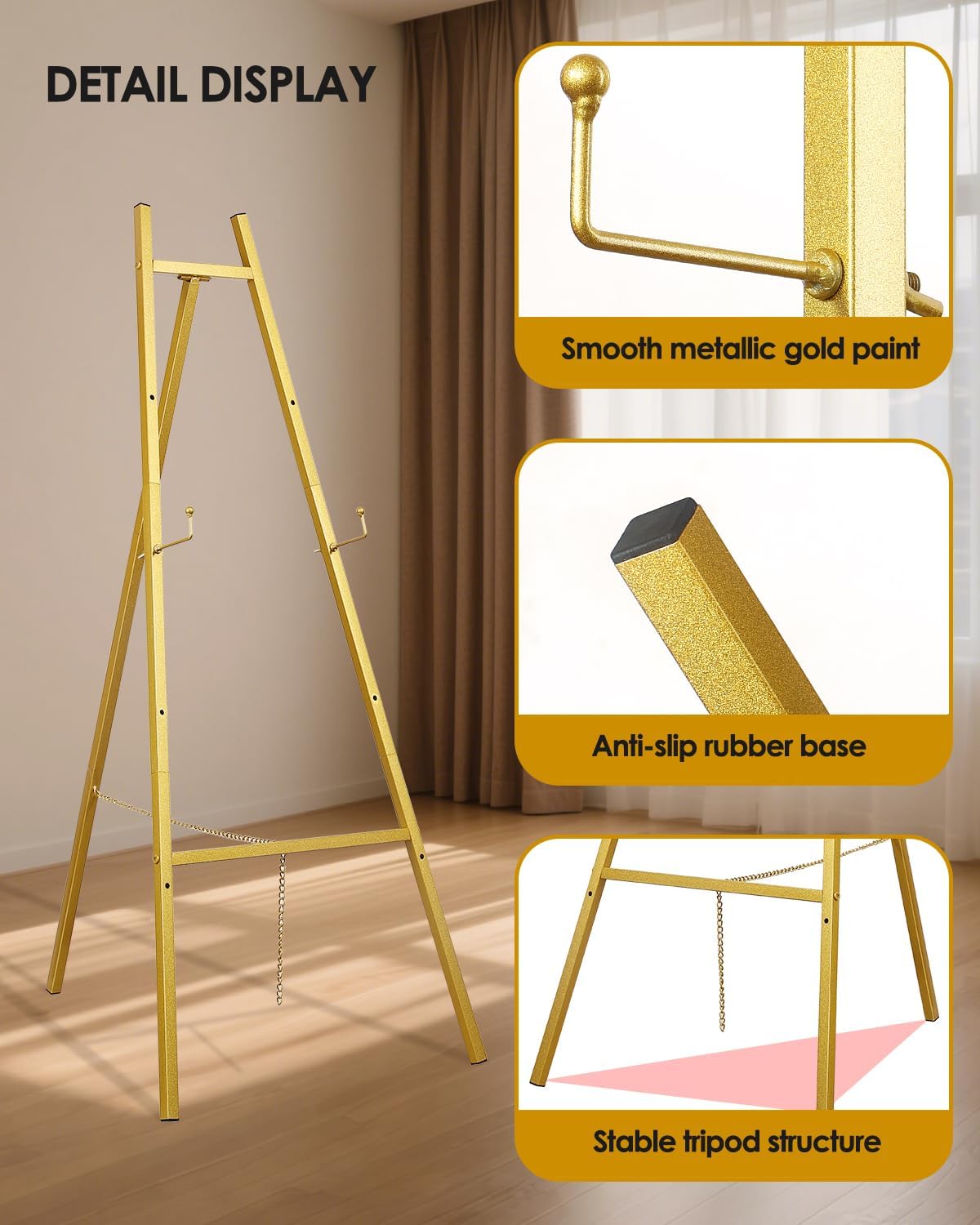 Gold Easel Stand for Wedding Signs with Adjustable Chain, Heavy Duty Metal Display Stand for Art, Welcome Signs, Posters, Pictures, Paintings,Posters & Commercial Display
