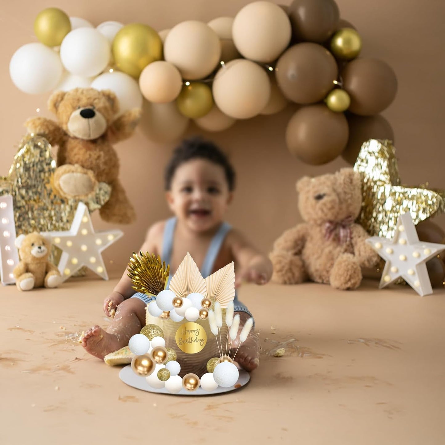 Ephlyn 33 Pack Balls Cake Toppers Boho Palm Leaves Cake Decorations Round Acrylic Happy Birthday Cupcake Toppers for Birthday Wedding Baby Shower Party Supplies Gold White