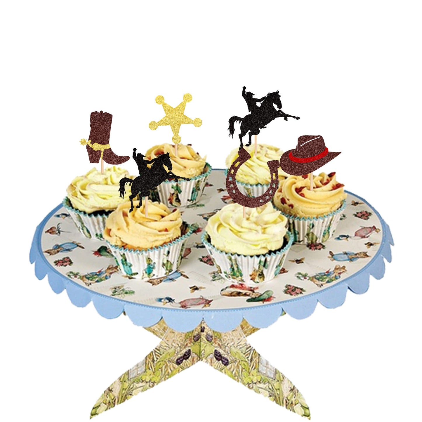 30 PCS Cowboy Cupcake Toppers Glitter HorseShoe Cowboy Hats Boots Cupcake Picks Western Theme Baby