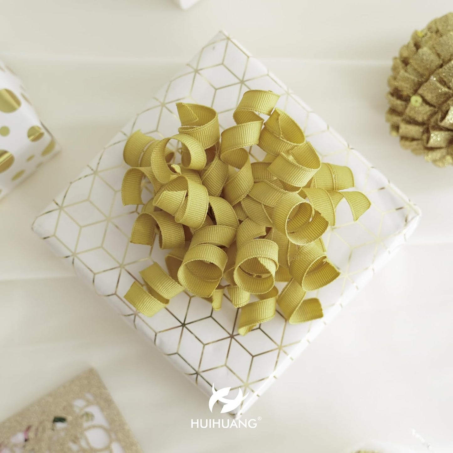 HUIHUANG Gold Bows for Gift Wrapping, Gold Curly Ribbon Bows Self Adhesive Burst Gift Bows for Present Box, Wine Bottle, Treat Bags, Wrap Accessories, Christmas Party Favor - 6 Counts