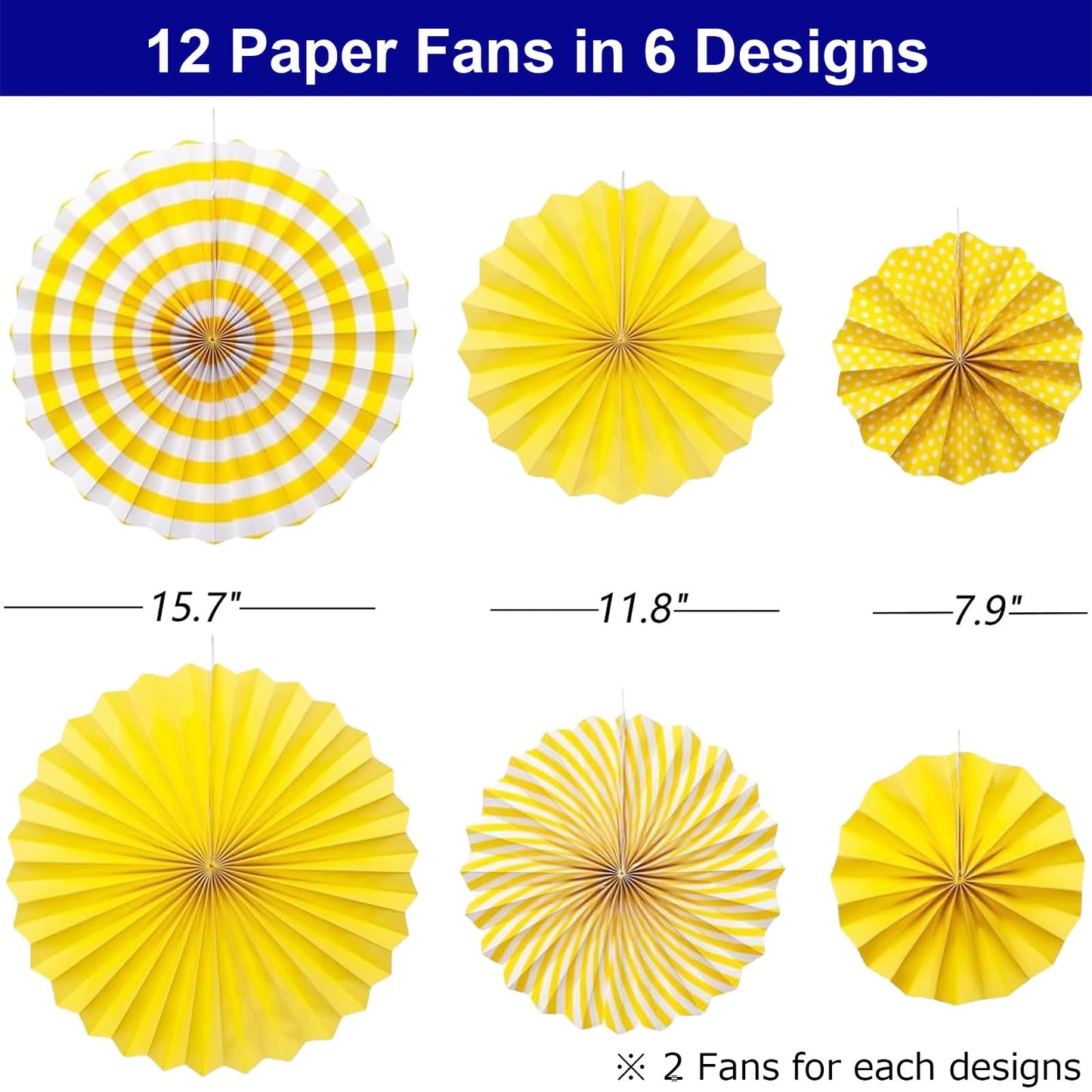 INPLUSTOP 12PCS Party Hanging Paper Fans Set, Yellow Round Pattern Fan Garland, Paper Fan