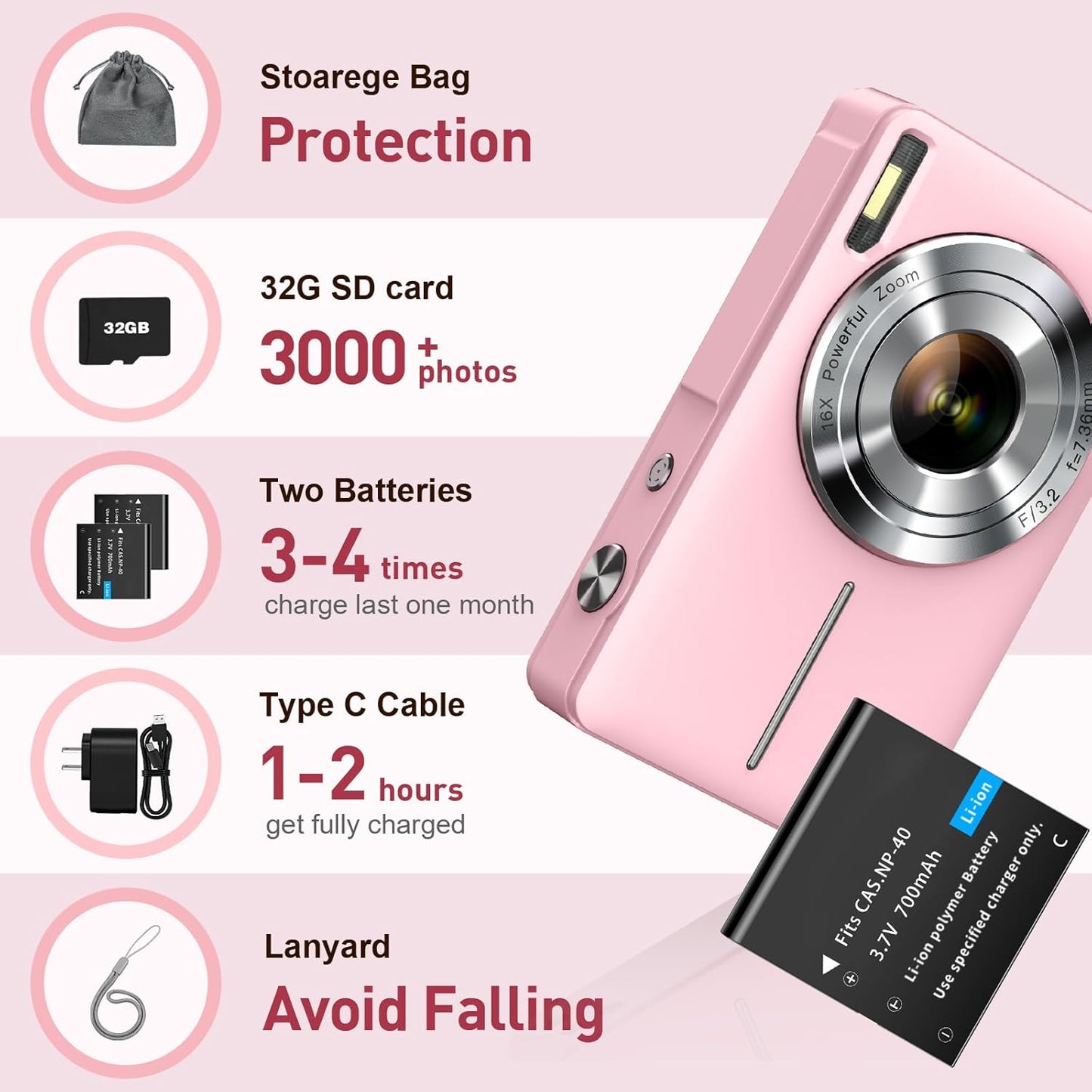 Digital Camera, FHD 1080P Digital Point and Shoot Camera with 16X Zoom Anti Shake, Compact Small Camera for Boys Girls Kids