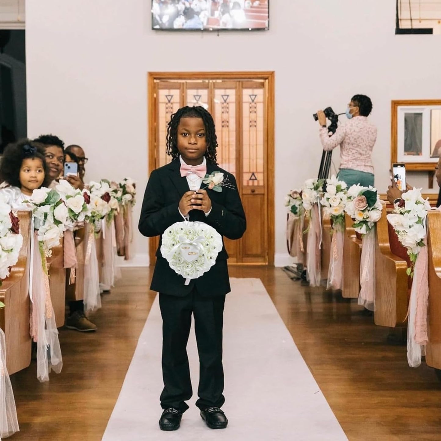 AUEAR, White Wedding Ring Holder Pillow Heart Shape Lace Rose Flower Rhinestone Crystal Box for Ceremony