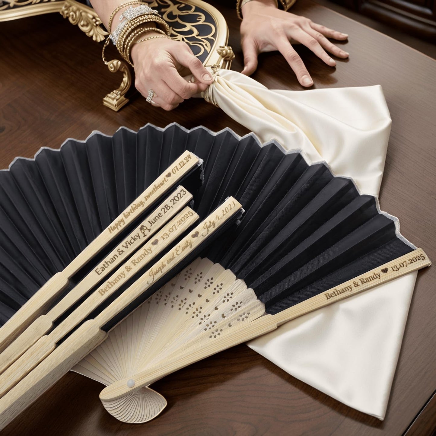 1Pcs Personalized Silk Fans Folding Hand Fan, Custom Wedding Bridal Party Favors, Summer Wedding Bride, Wedding Gift, Thank You Gift (Black)