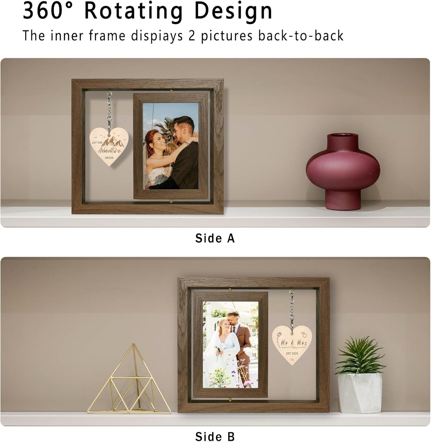 Rotating Floating Mr & Mrs EST 2025 - Let the Adventure Begin Picture Frame, Wedding Bridal Shower Gifts for Bride Newlywed Couples, Display Two 4x6
