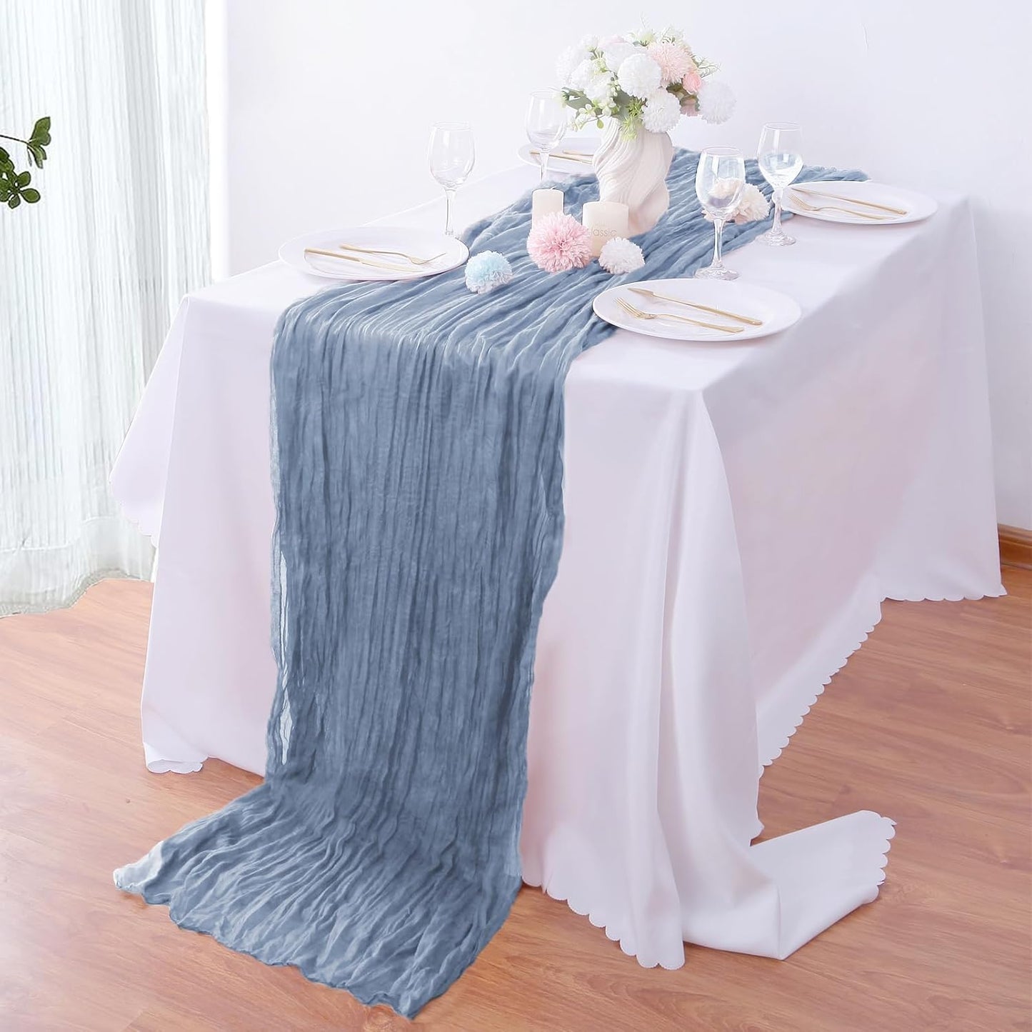 4 Pack Dusty Blue Cheesecloth Table Runner 35x120 Inch Boho Gauze Fabric Cheese Cloth Table Runner 10Ft Rustic Romantic Sheer Table Runners for Wedding Party Bridal Baby Shower Long Table Decoration