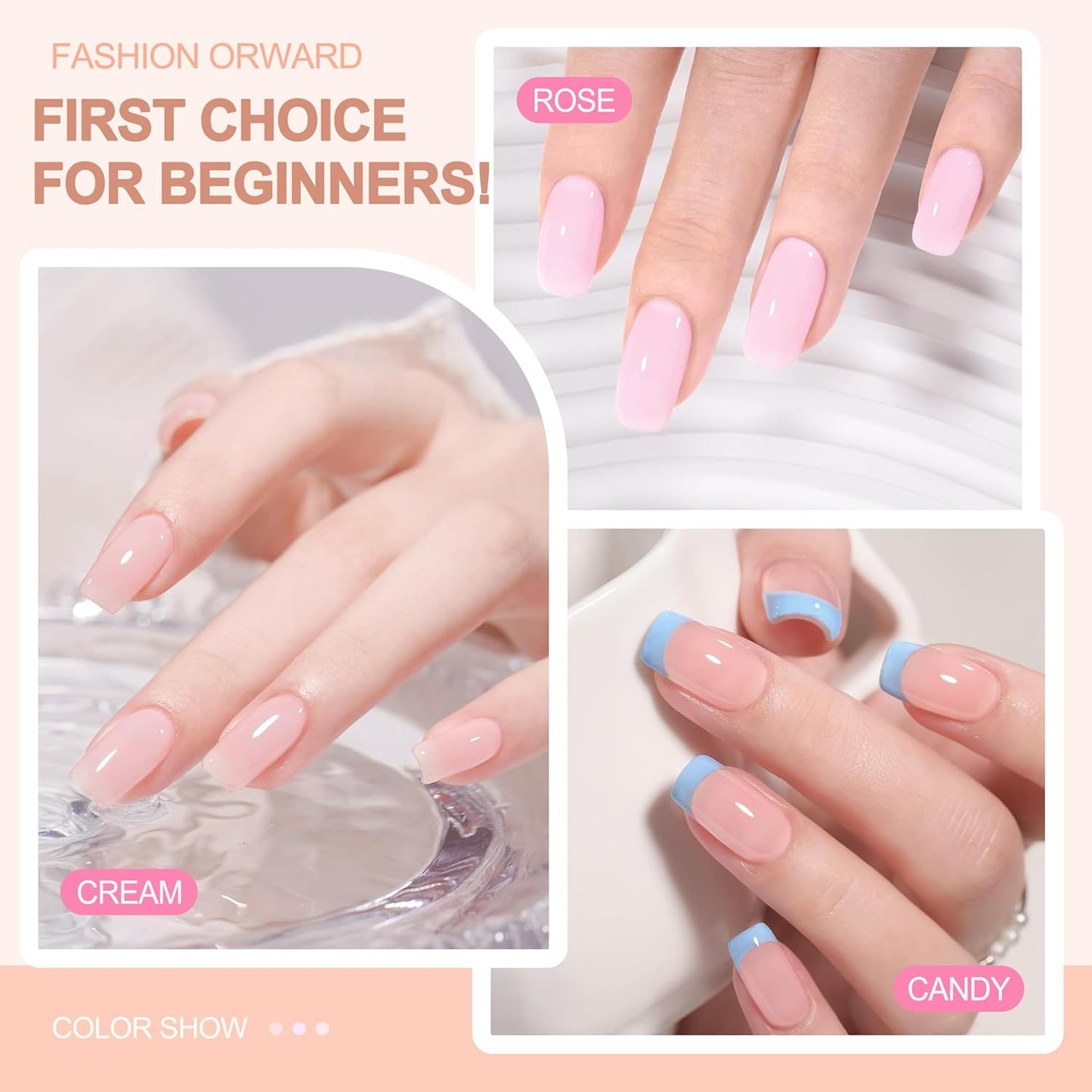 Rubber Base Builder Gel Strengthener Kit, With No Wipe Top Coat UV LED Curing, Hema Free, Vegan, Shinning Nude Pink Soak Off Gel Nail Polish for Nail Repair 6pcs X 5ml