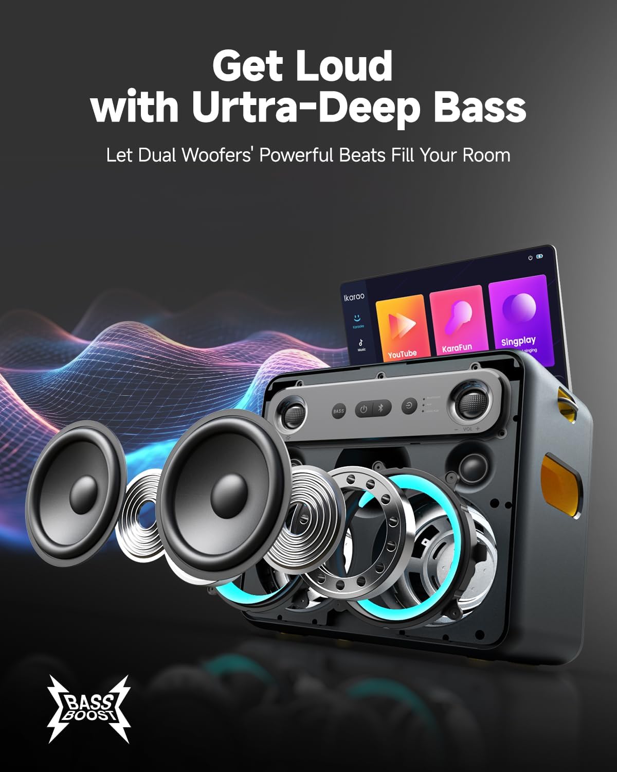 Ikarao Smart Karaoke Machine for Adults - with Lyrics Display, 32GB Karaoke Tablet, 2 Wireless Mics, Professional Karaoke System, 300W Peak Power, 4 DJ Lights, Karaoke Speaker for Any Occasion