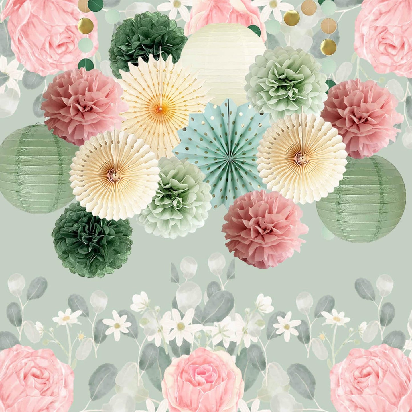 Sage Green and Dusty Pink Party Decorations Green & Pink Party Decor Sage Tissue Pom Poms Paper
