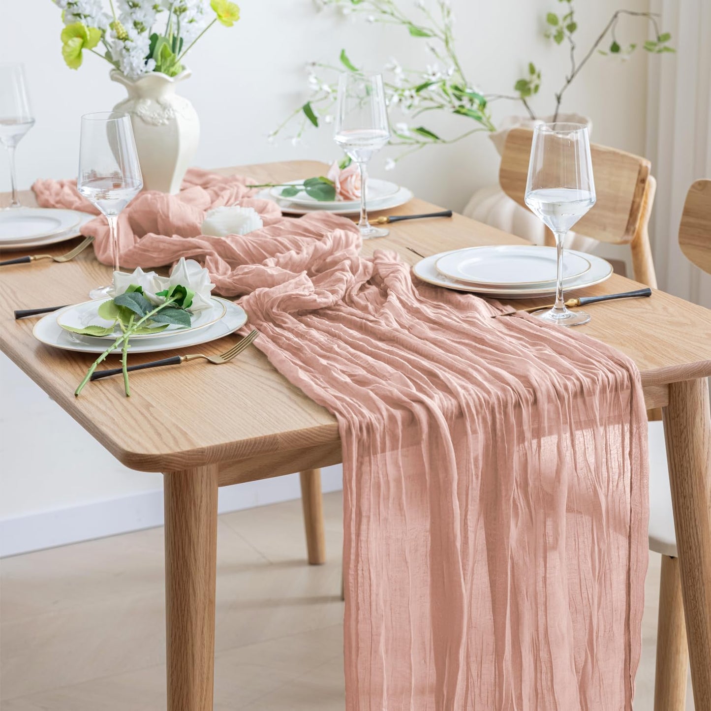 Asee'm 2pcs Cheesecloth Table Runner 120 Inches Dusty Pink Boho Gauze Cheese Cloth Runner 10FT Rustic Sheer Fall Table Runners for Thanksgiving Wedding Baby Shower Holiday Party Decoration