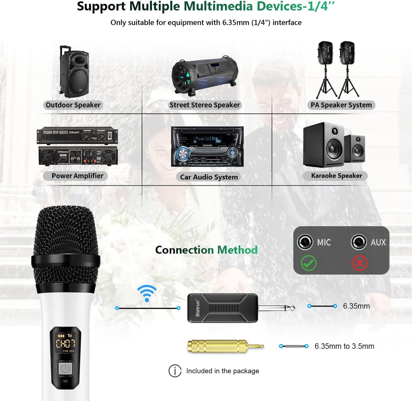 Wireless Microphone, Bietrun UHF Metal Dual Handheld Cordless Dynamic Mic System with Rechargeable Receiver, 1/4‘’Output, for Karaoke, Church, Speech, Wedding, Party Singing(160 ft Range)-Auto Connect
