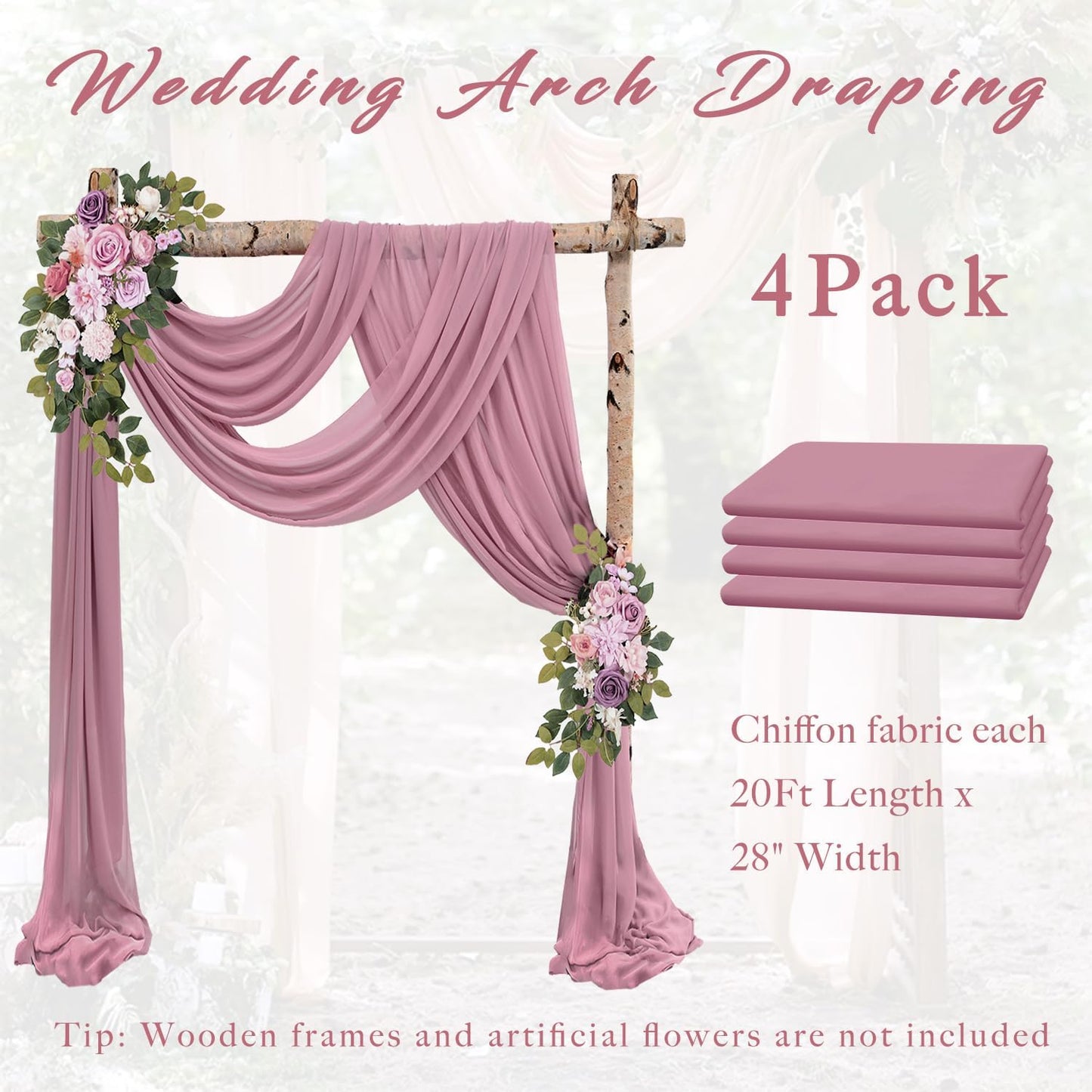 Dusty Rose Wedding Arch Draping Fabric 4 Panels 20Ft Length x 28" Width Arch Drapes Chiffon Fabric Sheer Curtains Backdrop for Party Bridal Decorations Wedding Ceremony Ceiling Stage Reception Decor