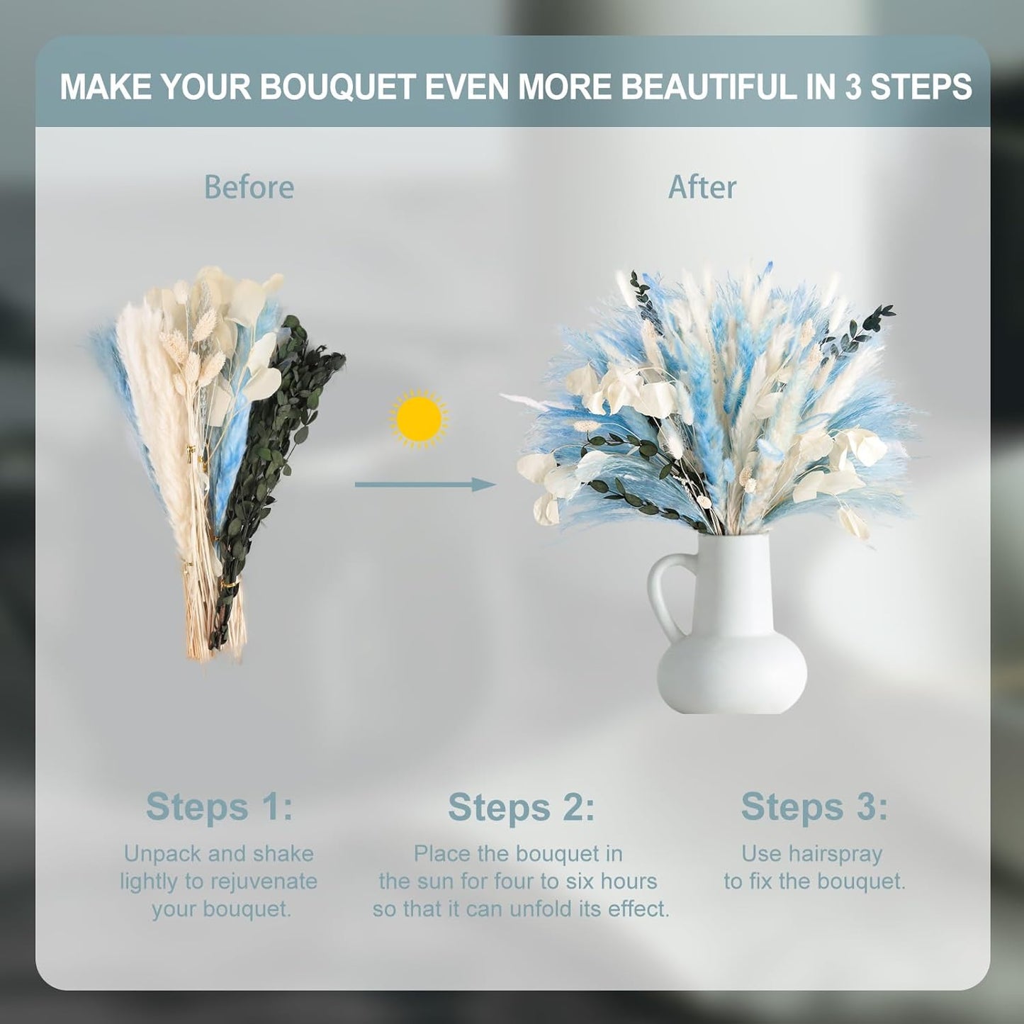 N&T NETING 101Pcs Blue Pampas Grass Decor Natural Dried Floral Pampas Grass Light Blue Boho Pampas Home Decor Fluffy Dried Pampas Flowers for Home Wedding Boho Beach Theme Table Decor