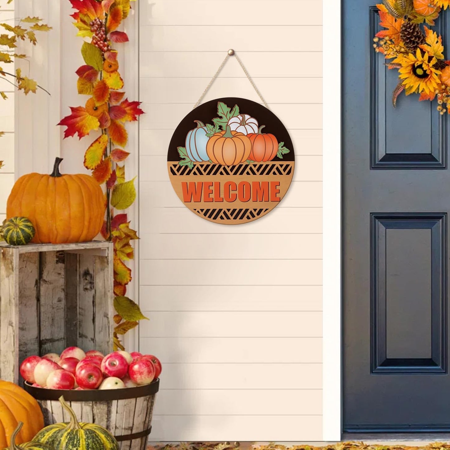 CHDITB Fall Pumpkin Welcome Front Door Sign Wreath(12"x12"), Wooden 3D Hello Fall Autumn Decoration Wall Hanging, Farmhouse Vintage Welcome Home Decor Hanger for Porch Indoor Thanksgiving