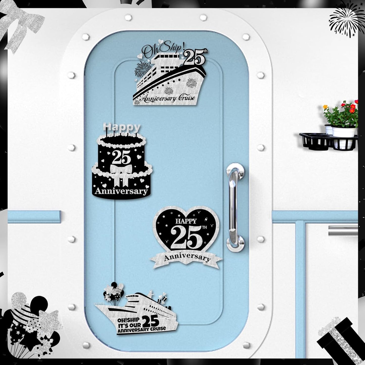 4 PCS Large 25th Anniversary Cruise Door Magnets Decorations Happy 25th Anniversary Cruise Ship Door Decor Magnetic Wedding Magnets Garage Refrigerator Car Magnets for Cabin Stateroom (Black Silver)