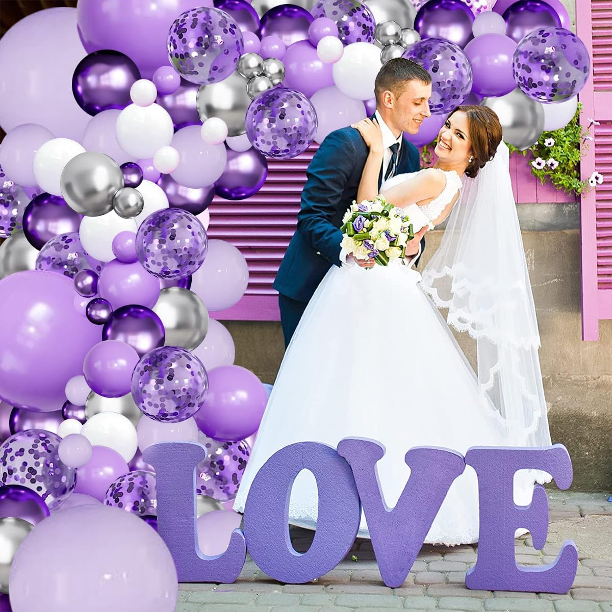 Purple Balloons Garland Arch Kit,144pcs Lavender Purple Pastel Purple Confetti Balloons with Silver White Ballons for Girl Butterfly Bridal Shower Princess Birthday Wedding Party Decoration