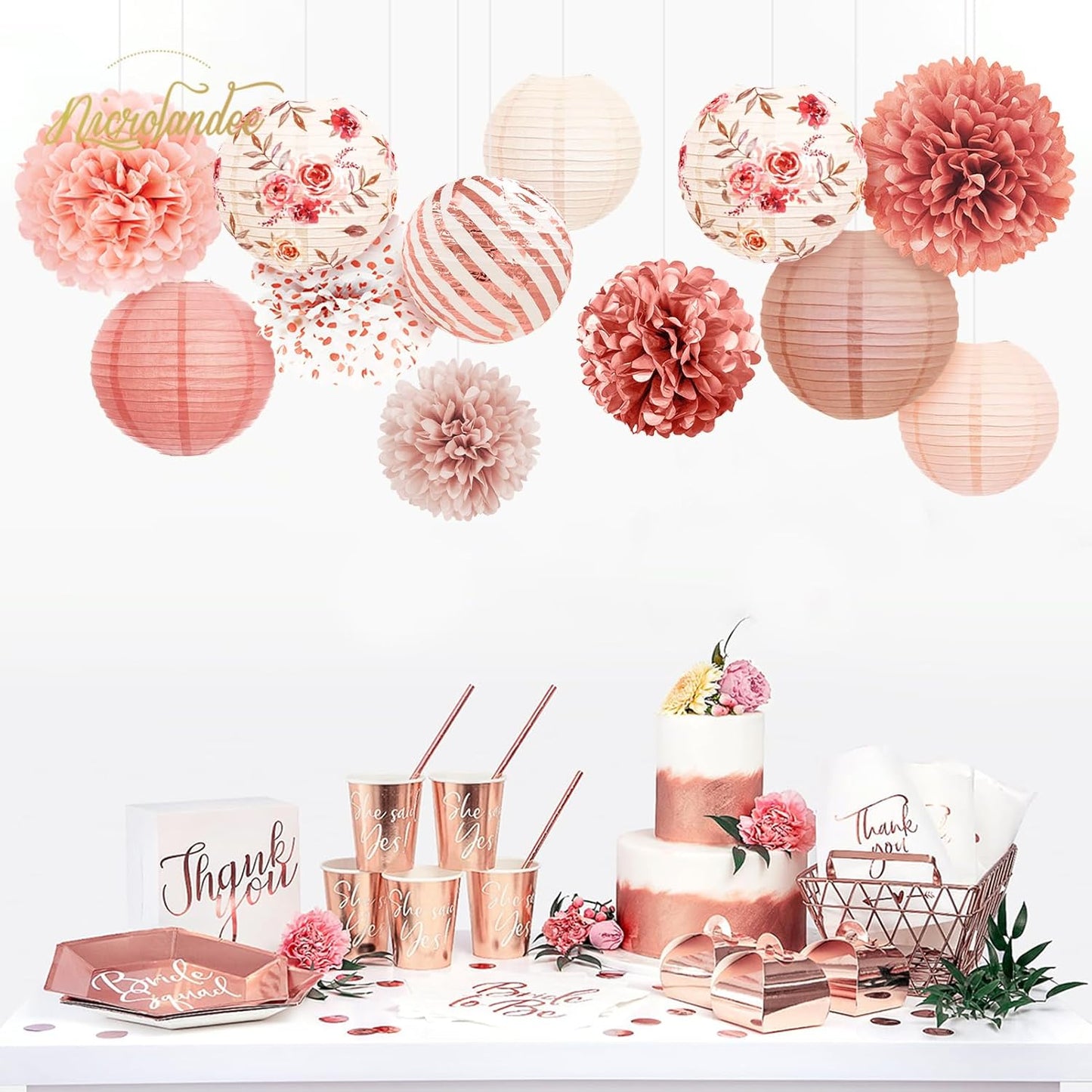 NICROLANDEE Wedding Party Decorations, 12 PCS Rose Pink Floral Paper Lanterns Tissue Pom Poms Backdrop Decoration for Pink Boho Wedding Bridal Shower Birthday Tea Party Decor