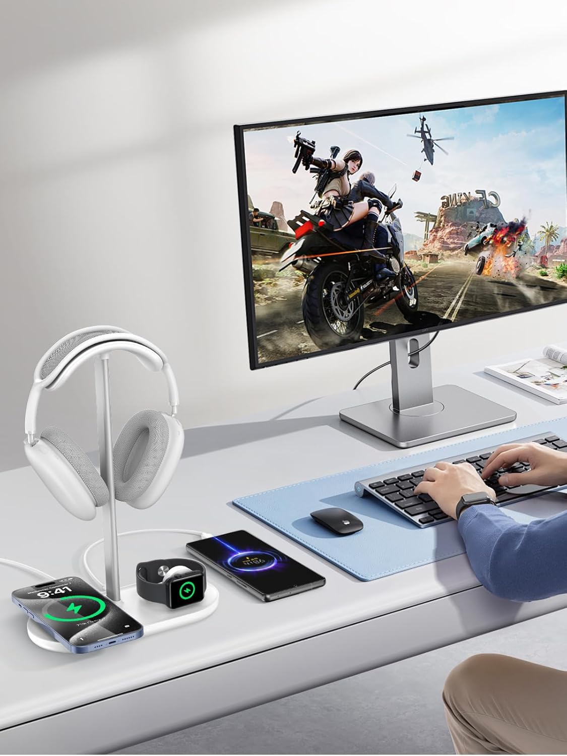 TopMade 5 in 1 Headphone Stand for Desk with Wireless Charger & USB Charging for iPhone/AirPods/iWatch, Universal Desktop Gaming Headset Holder for Airpods Max, Bose, Beats, Razer and More, White