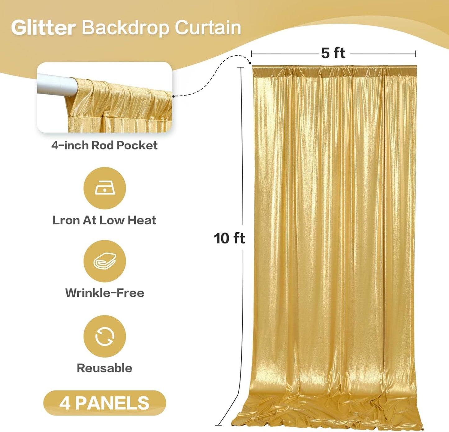 gogoparti 20x10FT Gold Sequin Backdrop Curtain - 4 Panels of 5x10FT Wrinkle-Free Glitter Drapes for Photography, Birthdays, Weddings & Graduations