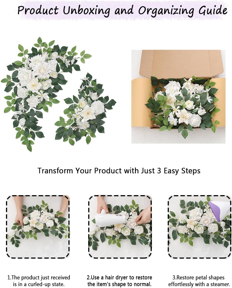 Pack of 2 Artificial Flowers for Backdrop Decoration, Wedding Arch Flowers,Reception Welcome Sign, Eucalyptus Garland, Suited to Aisle Decor and Wedding Arches(White)