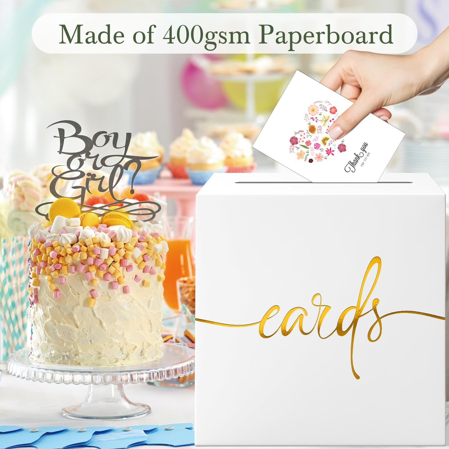 CINSOEN White Wedding Card Box with Gold Foil Design, Paperboard 8.7" Gift Card Holder for