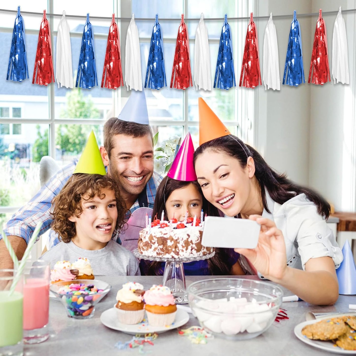 8P Red Blue White Foil Fringe Metallic Tassel Streamers Banner Tassel Garland for Parade Floats, Bachelorette, Wedding, Birthday, Halloween, Christmas, Bridal/Baby Shower Party Decorations