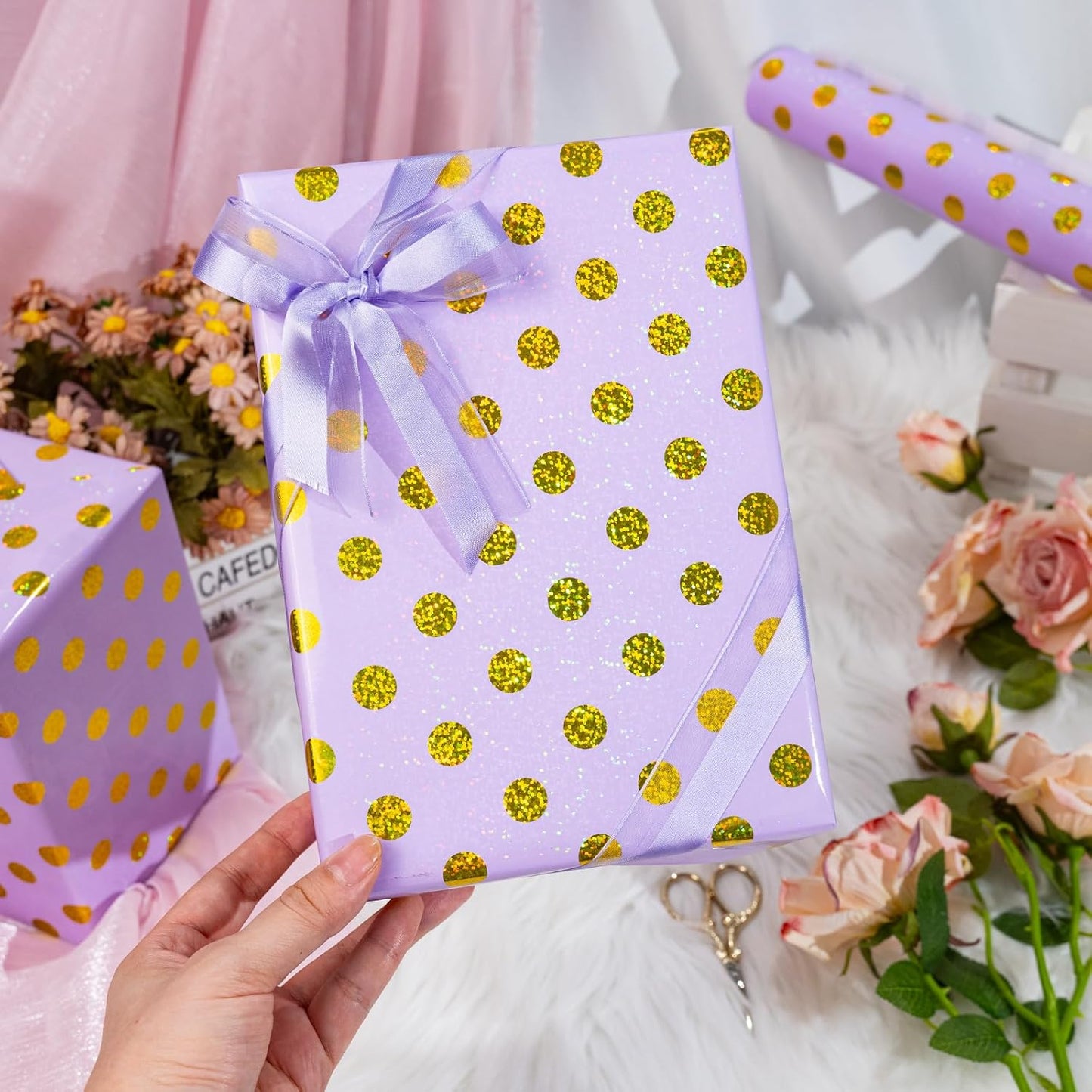 Burymento Purple Holographic Dots Wrapping Paper, Reversible Gold Gift Wrap for Birthday, Valentines, Mothers day, Graduation, Wedding, Fathers day, Baby Shower, Christmas (17in x 16.4ft)