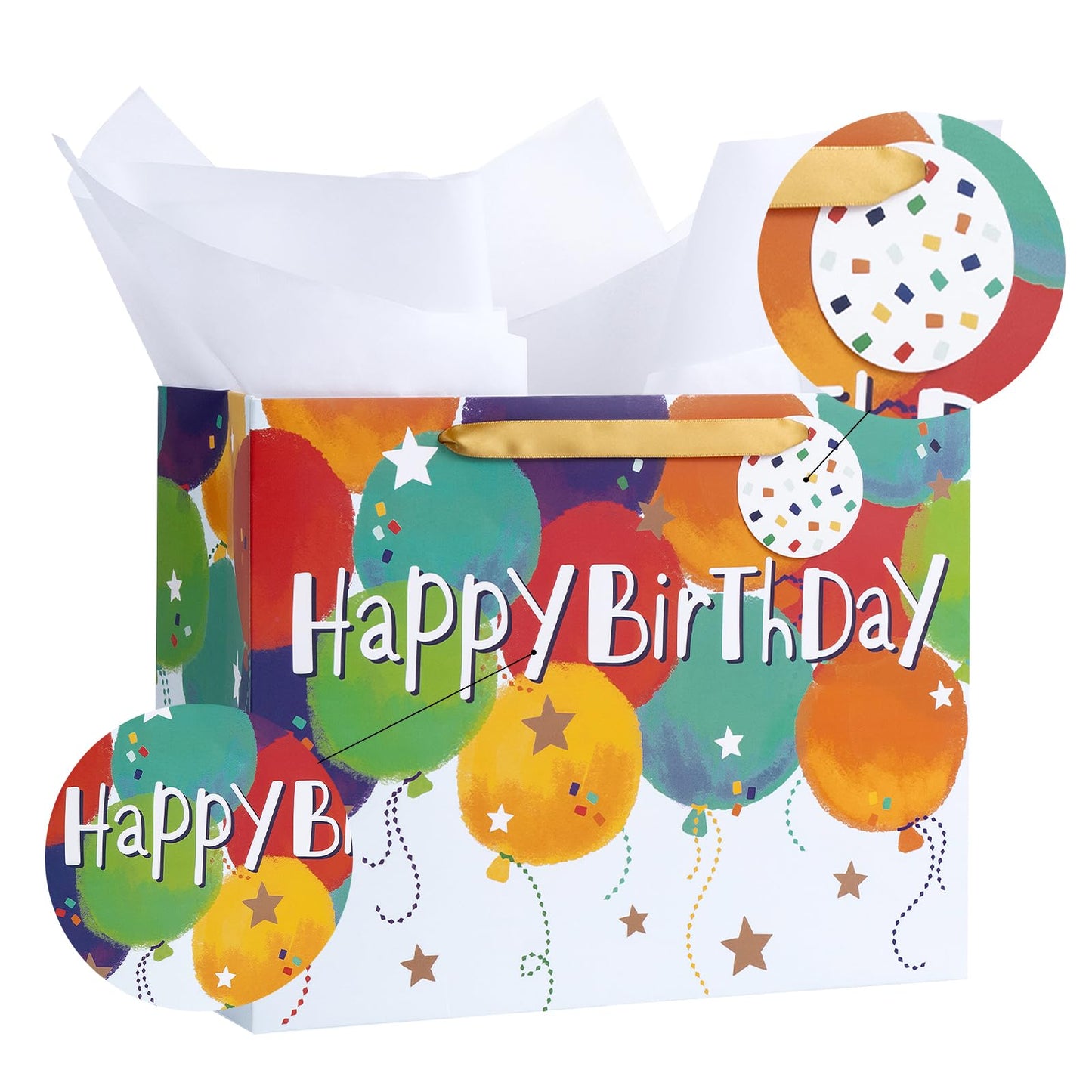 Loveinside Colorful Birthday Gift Bag, Balloons Pattern with HAPPY BIRTHDAY Text, Matching Tissue