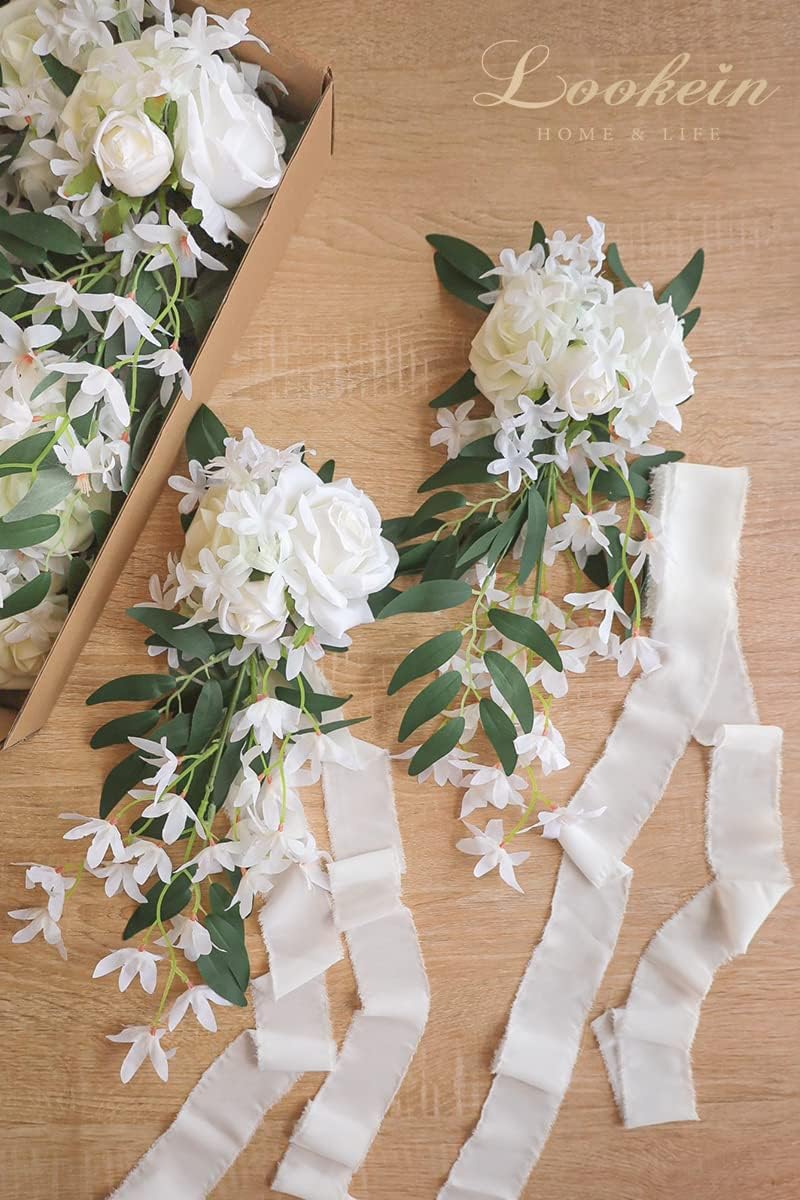 Lookein Set of 8 Pew Flowers for Wedding Ceremony Chair Decorations Bench Decoration Wedding Aisle Chair Decoration, Natural White